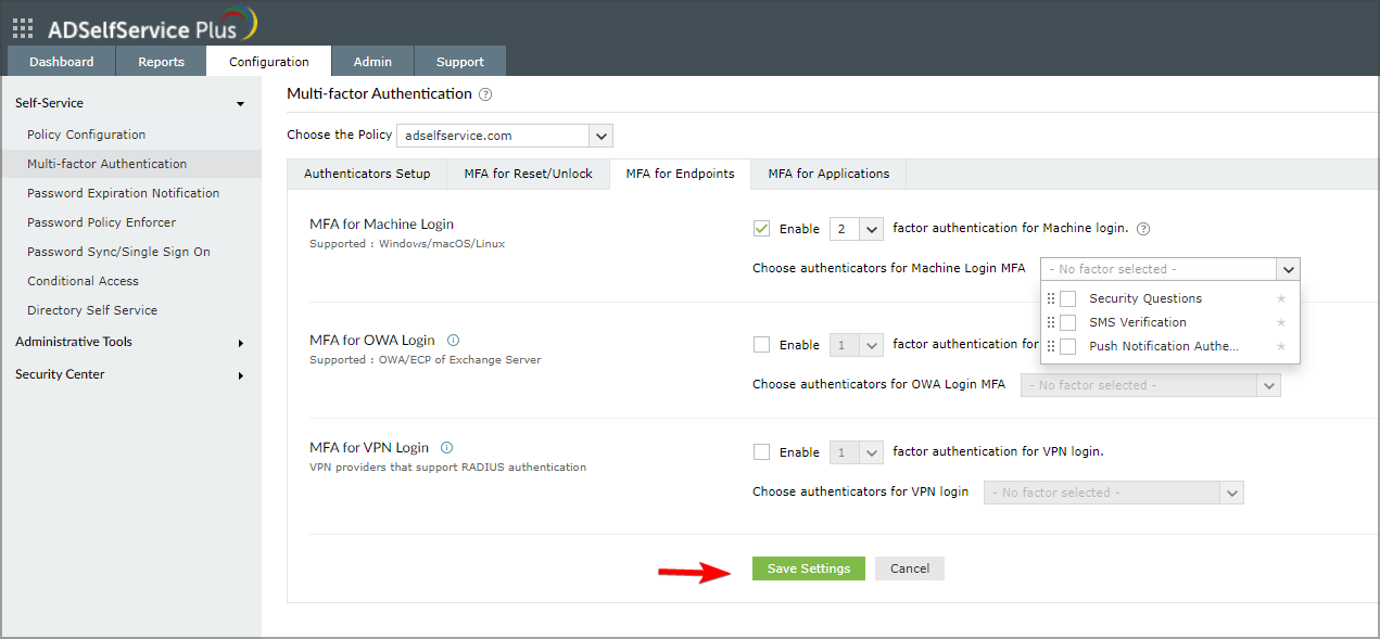 Включение MFA для машин в ADSelfService Plus