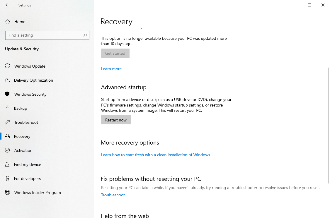 Экран среды восстановления Windows