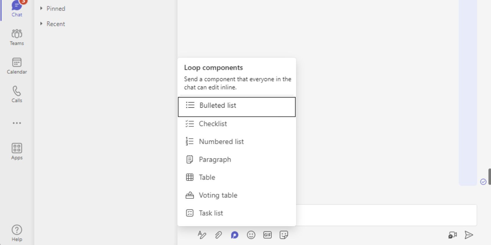 Скриншот Microsoft Teams с перечнем доступных компонентов Loop для совместной работы