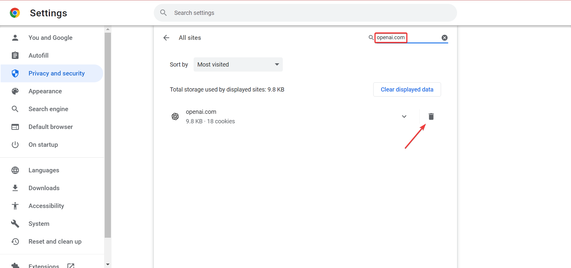 Удаление cookie для openai.com
