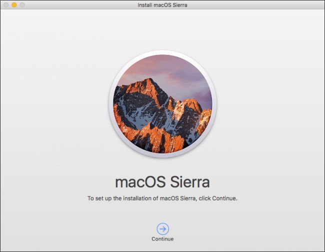 Кнопка «Продолжить» в установщике macOS Sierra