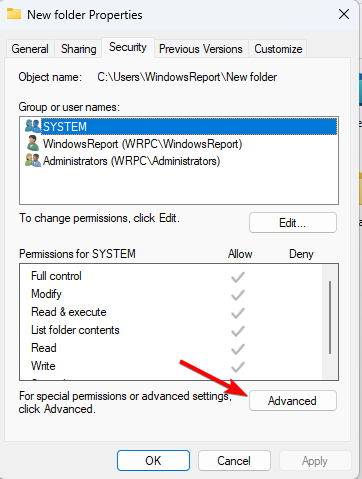 Окно расширенных параметров безопасности в Windows