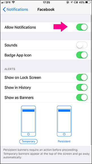 Отключение уведомлений iOS для Facebook