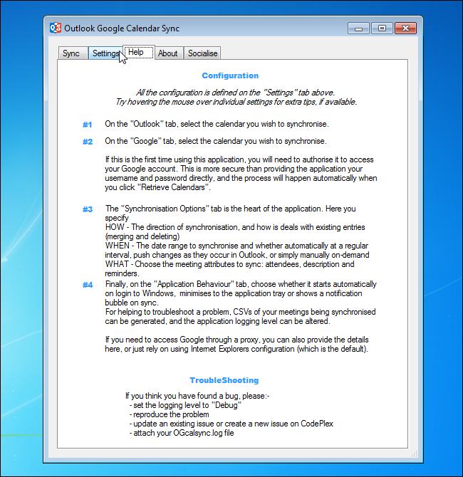 Окно Outlook Google Calendar Sync с активной вкладкой Help