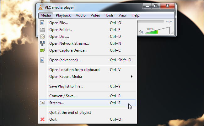Окно: выбрать Поток в меню Медиа