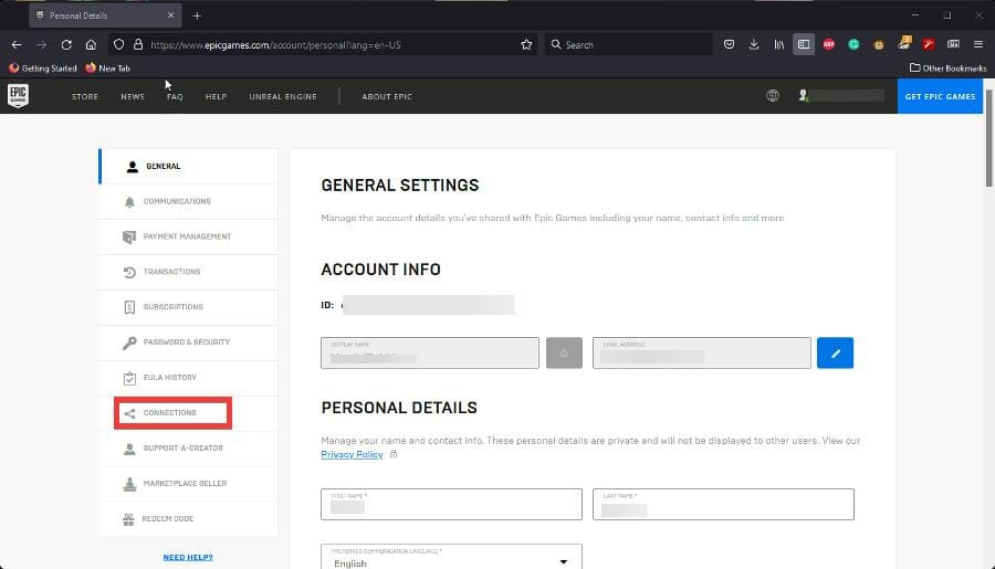Вкладка Connections в настройках аккаунта