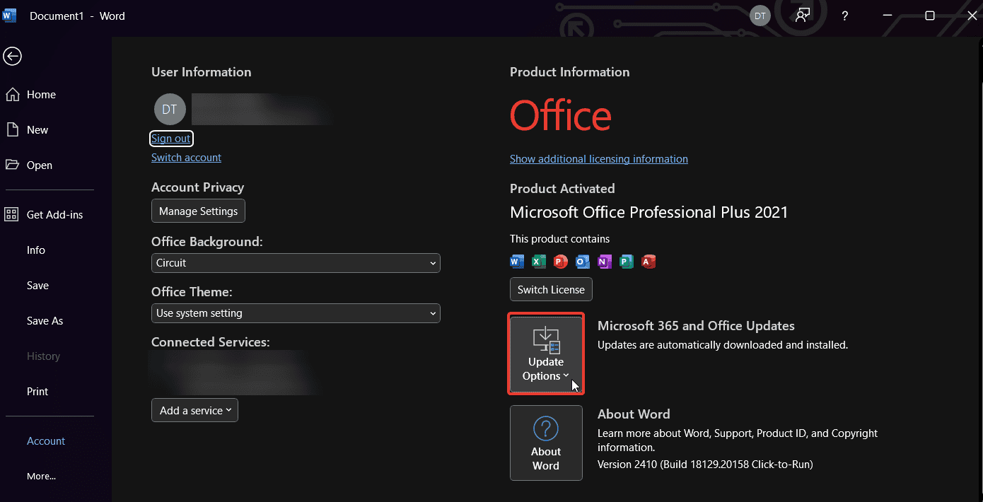 скриншот меню Параметры обновления в Office