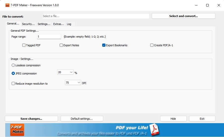 Вкладка «General» в 7‑PDF Maker с опциями диапазона страниц и сжатия изображений