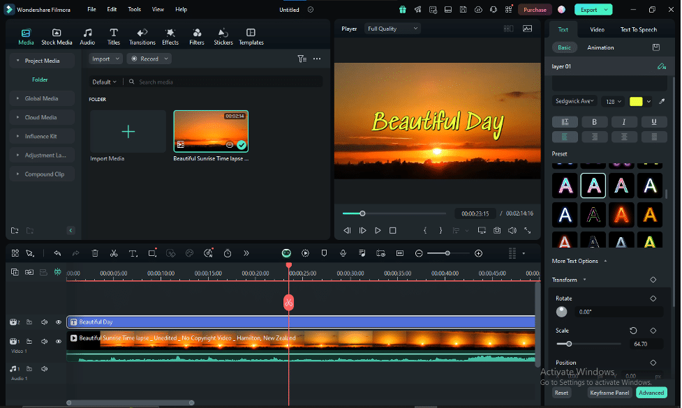 Текстовые пресеты в библиотеке Filmora