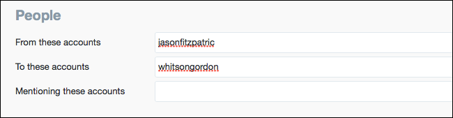 Параметры поиска по отправителю и получателю в интерфейсе Twitter