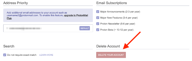 Раздел удаления аккаунта в ProtonMail — кнопка «Удалить аккаунт»