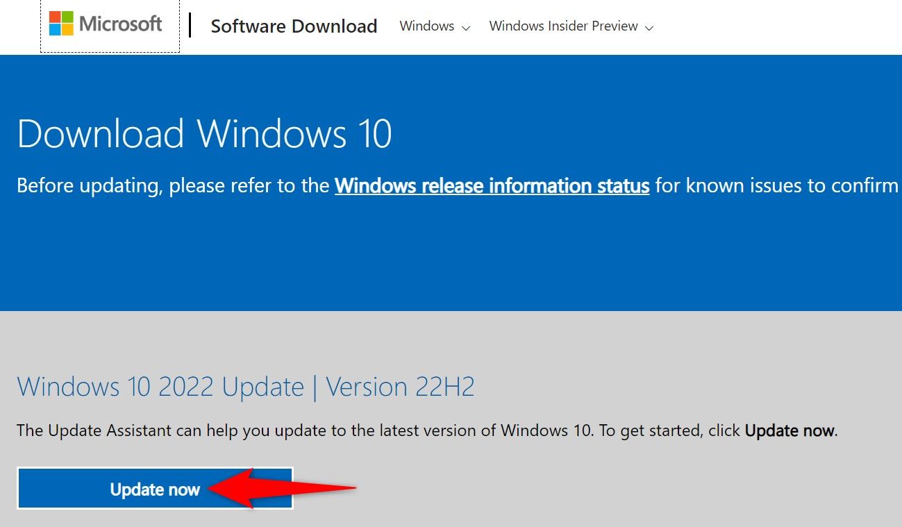 Кнопка 'Обновить сейчас' на сайте Windows Update Assistant.