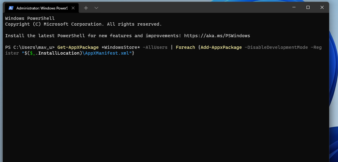Команда удаления Microsoft Store в PowerShell
