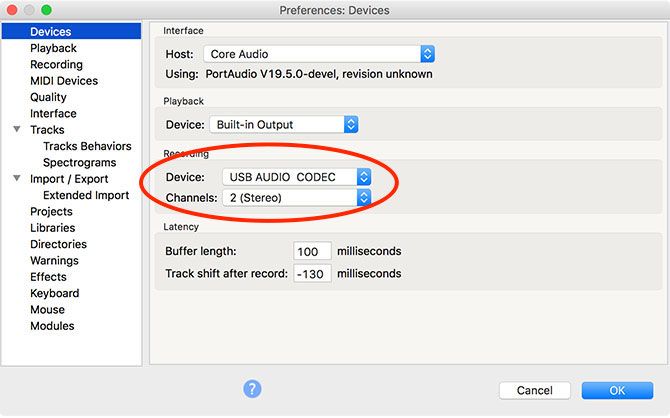 Настройки Audacity