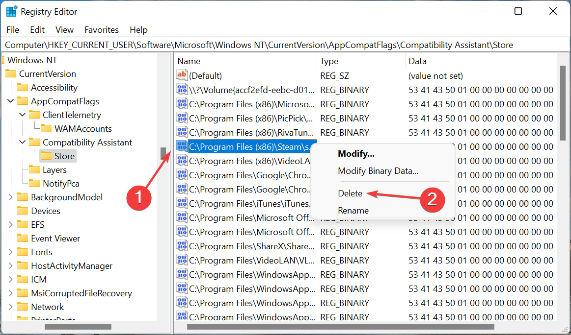 Удаление записи совместимости для steam.exe в реестре