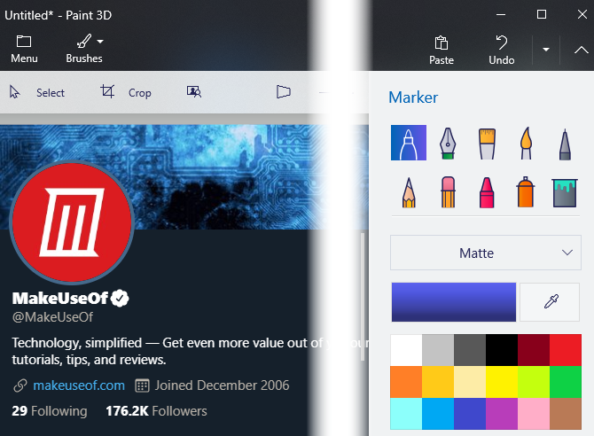 описание: открытый в Paint 3D скриншот с инструментами для редактирования