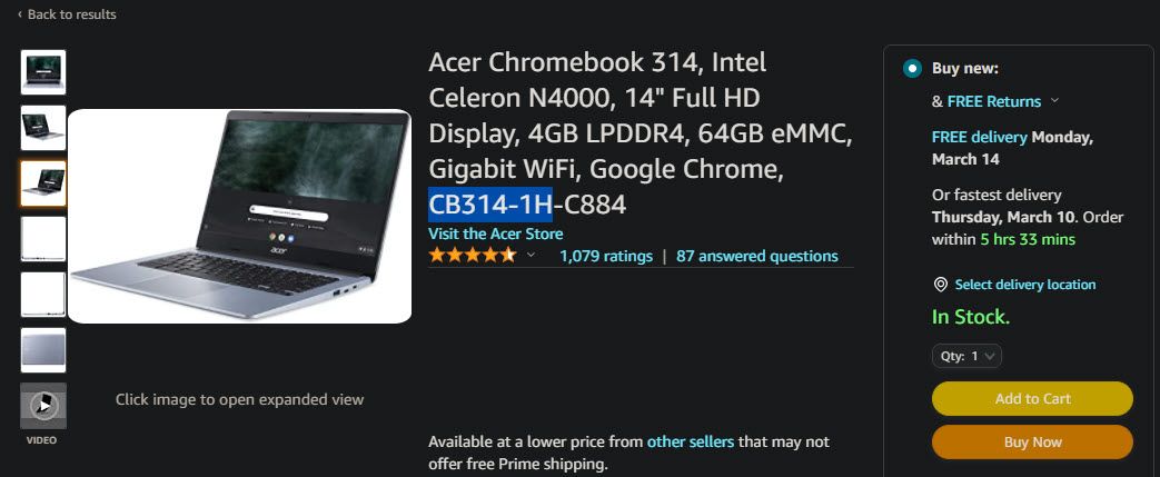 Пример страницы магазина с номером модели Chromebook на Amazon