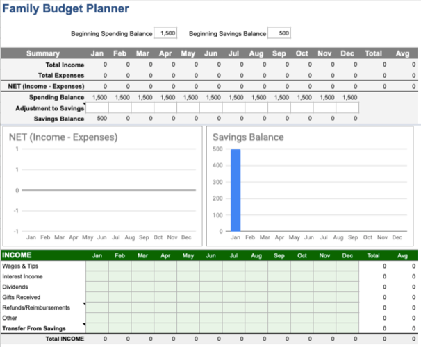 Семейный планировщик бюджета Vertex42