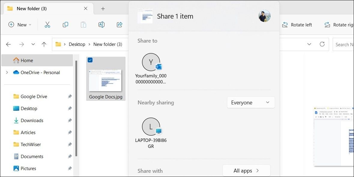 Меню Nearby sharing в Windows 11 с выбором устройства