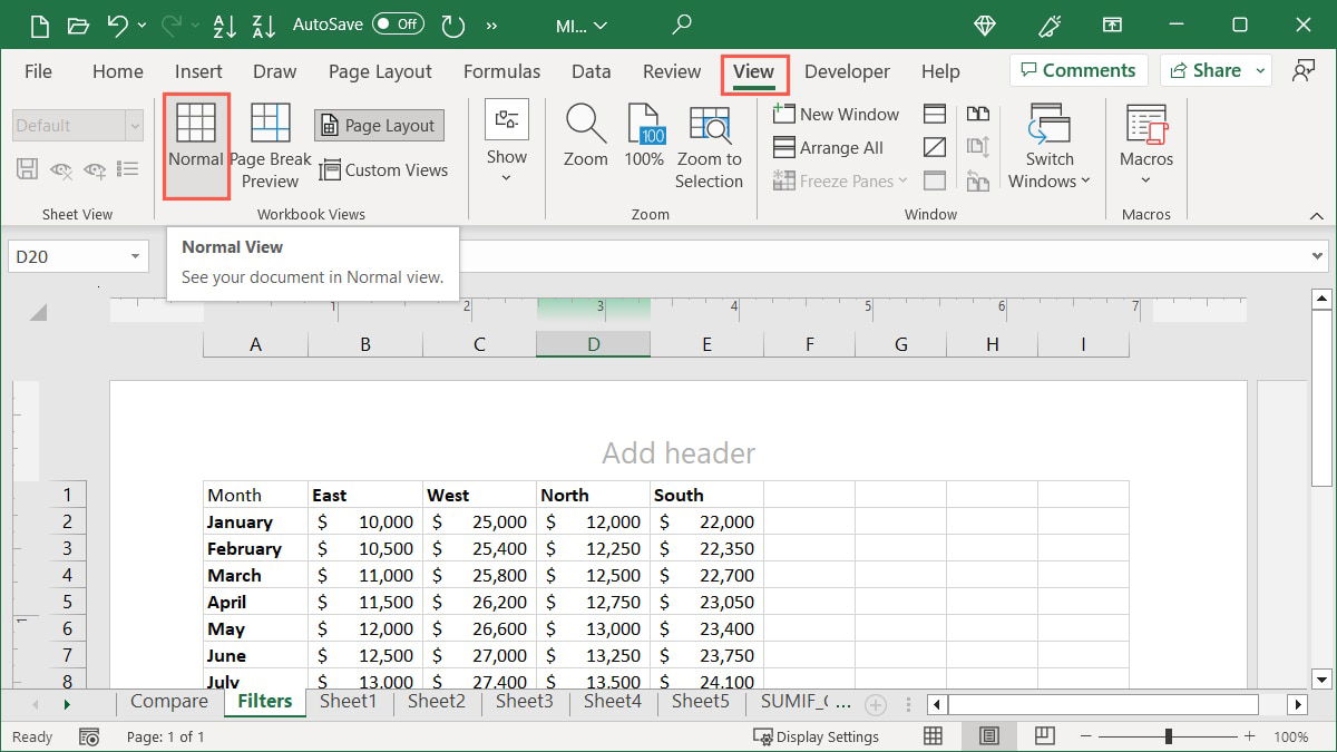 Normal on the View tab in Excel