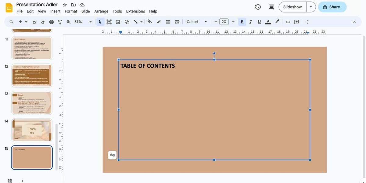 Заголовок «Оглавление» в слайде