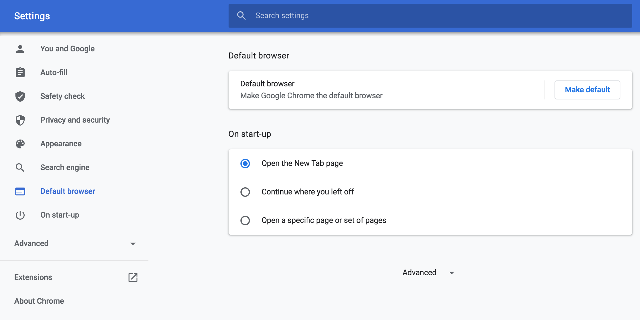 Настройки Chrome на macOS: раздел браузер по умолчанию