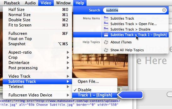 Поиск пункта меню субтитров через Help
