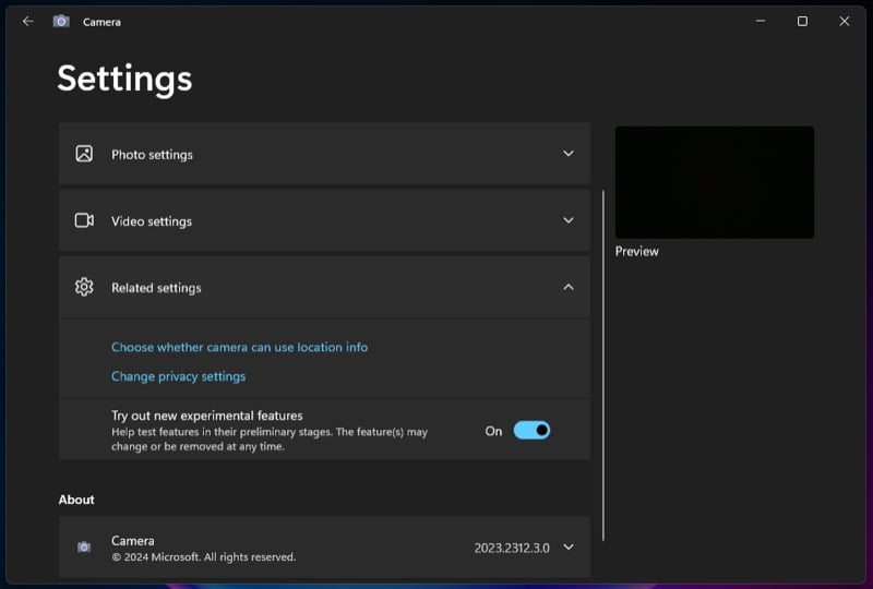 Включение экспериментальных функций в приложении Камера Windows