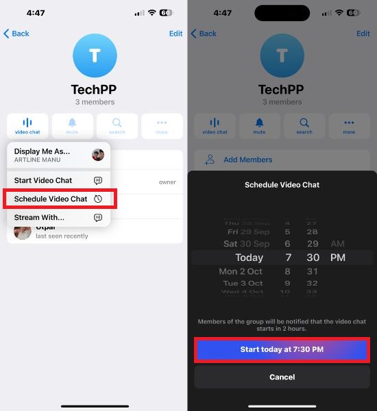 Планирование видео‑чата в Telegram с выбором времени