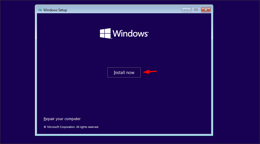 Schermata iniziale dell'installazione di Windows: Installa ora