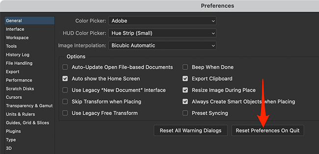 Включение опции сброса в меню Preferences Photoshop