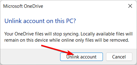 Подтверждение отвязки учётной записи OneDrive