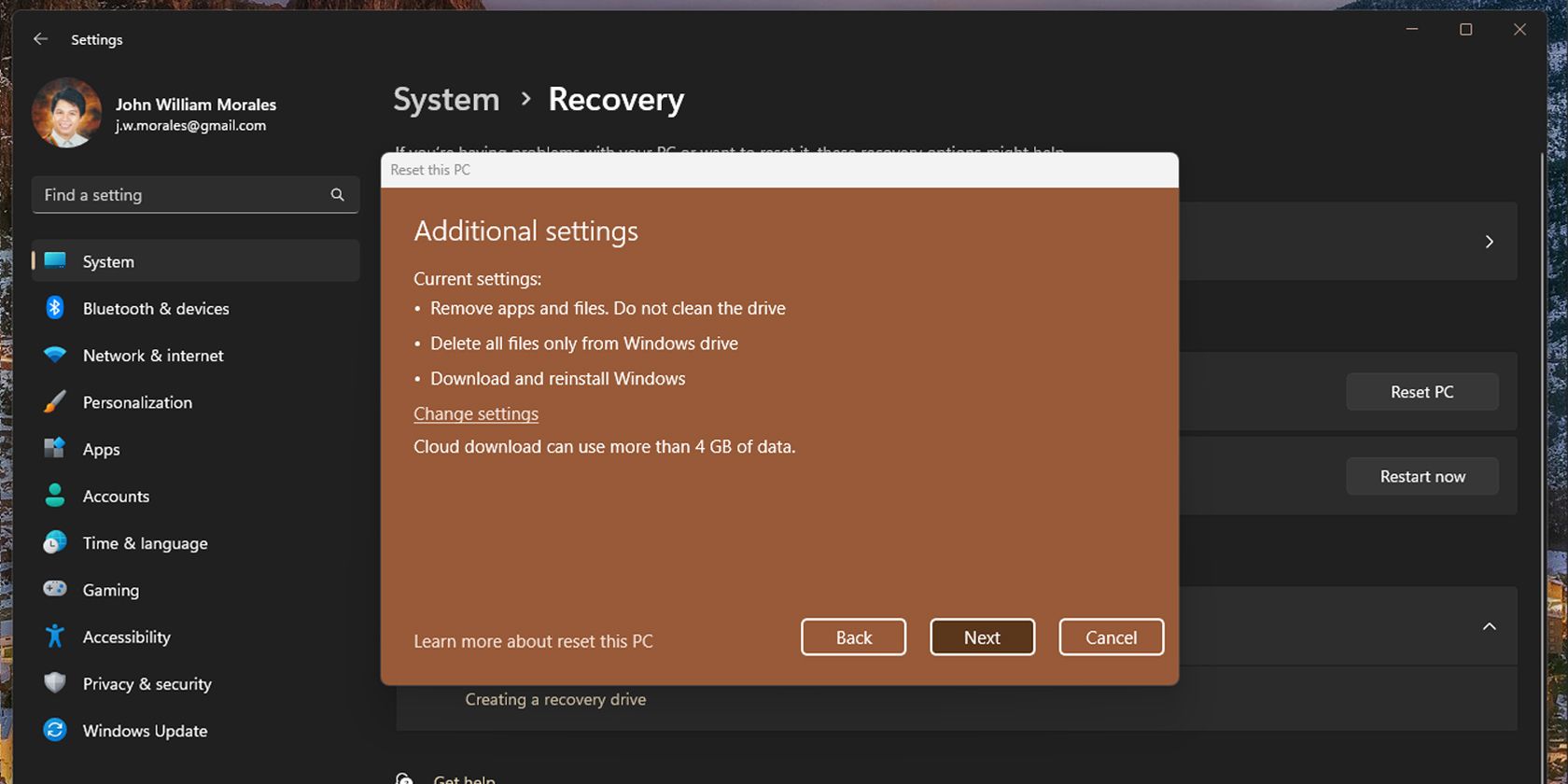 Дополнительные параметры сброса этого ПК