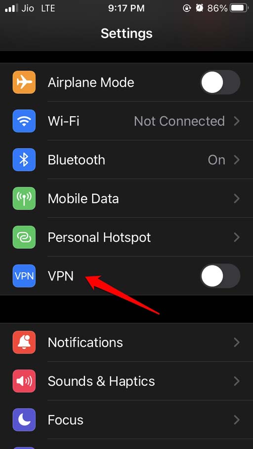 Configuração de VPN em iOS mostrando a opção de desligar