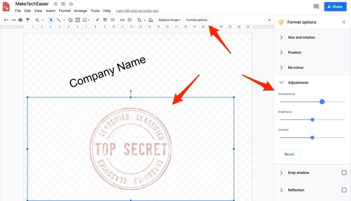 Панель 'Параметры форматирования' в Google Drawings для прозрачности