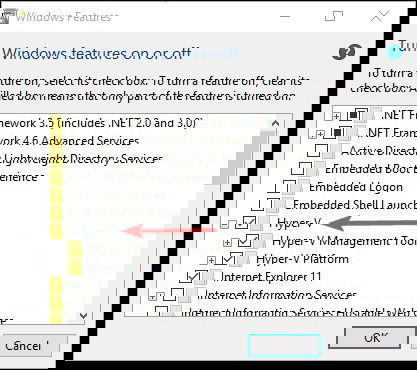 Finding Hyper-V from the list of Windows features.  