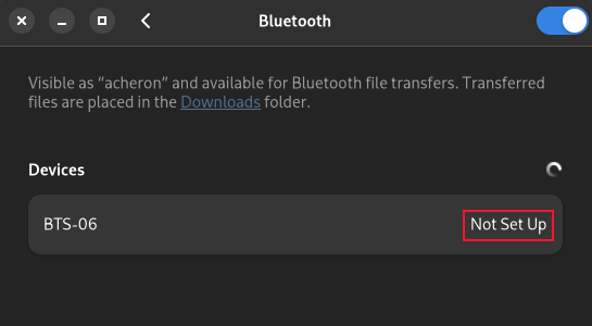 Панель настроек Bluetooth: обнаружено устройство, не сопряжено