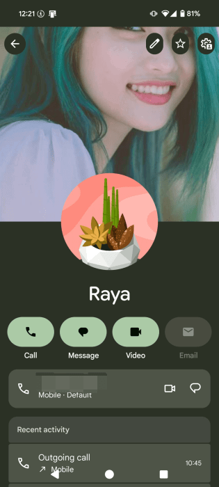 Contact page full view in Phone app by Google. 