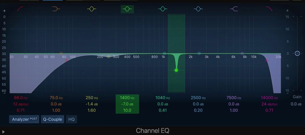 Фильтр для удаления резонансов в Channel EQ Logic Pro