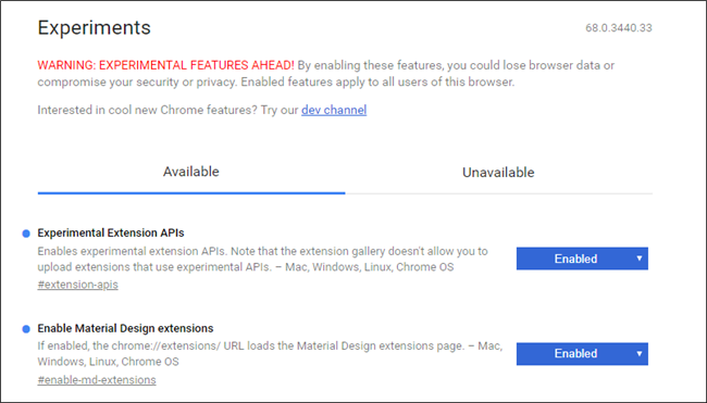 Страница флагов Chrome с переключателями экспериментальных функций