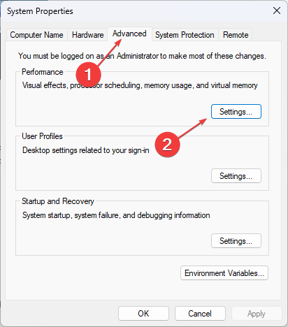 Кнопка Параметры производительности в Свойствах системы