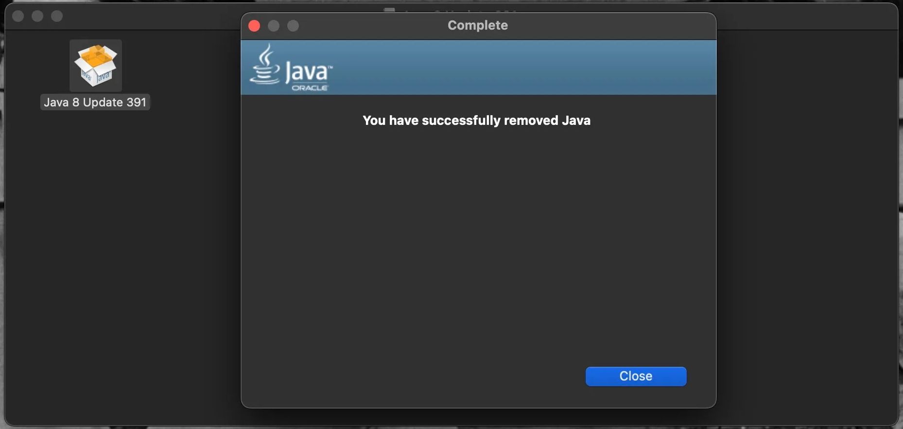 Сообщение об успешном удалении Java в macOS