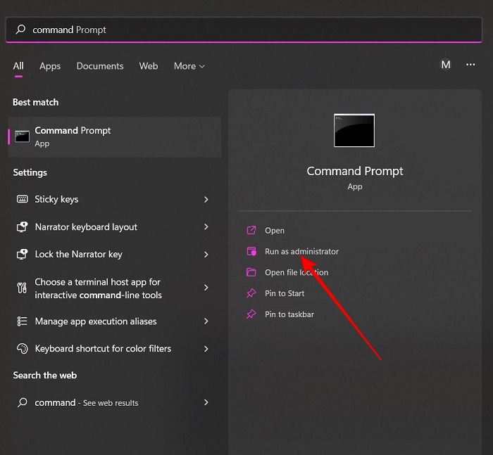 Поиск Командной строки и запуск от админа