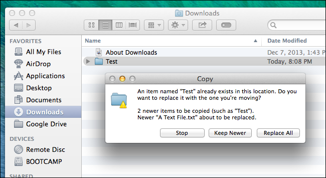 Finder показывает опцию «Сохранить более новые» при объединении