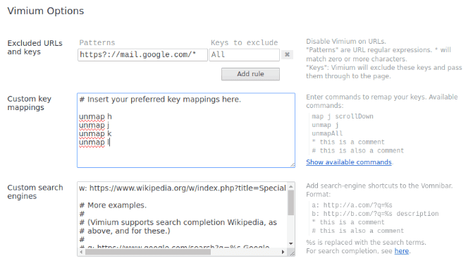 Скриншот расширения Vimium с собственным интерфейсом настройки сочетаний.
