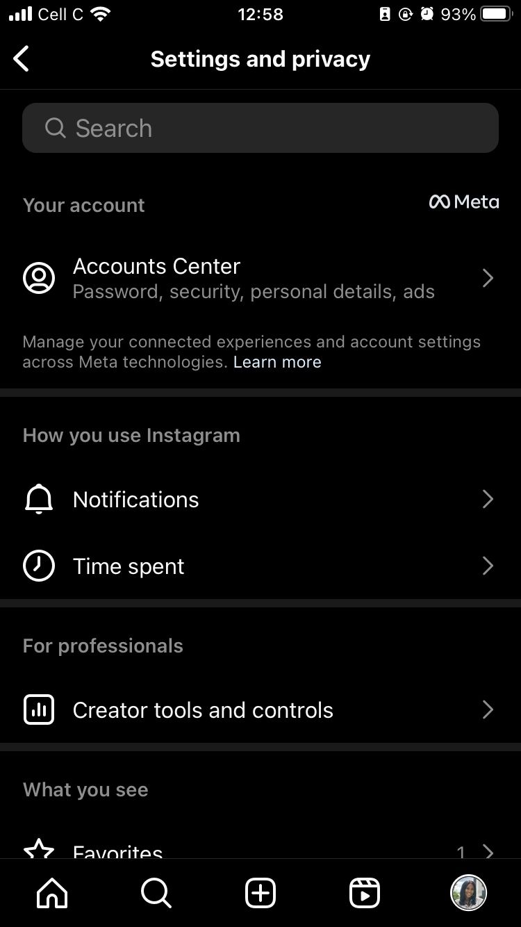 Instagram settings and privacy page on iOS