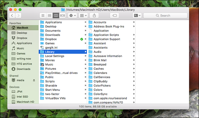 Папка Library в домашней папке, теперь видимая и не затемнена