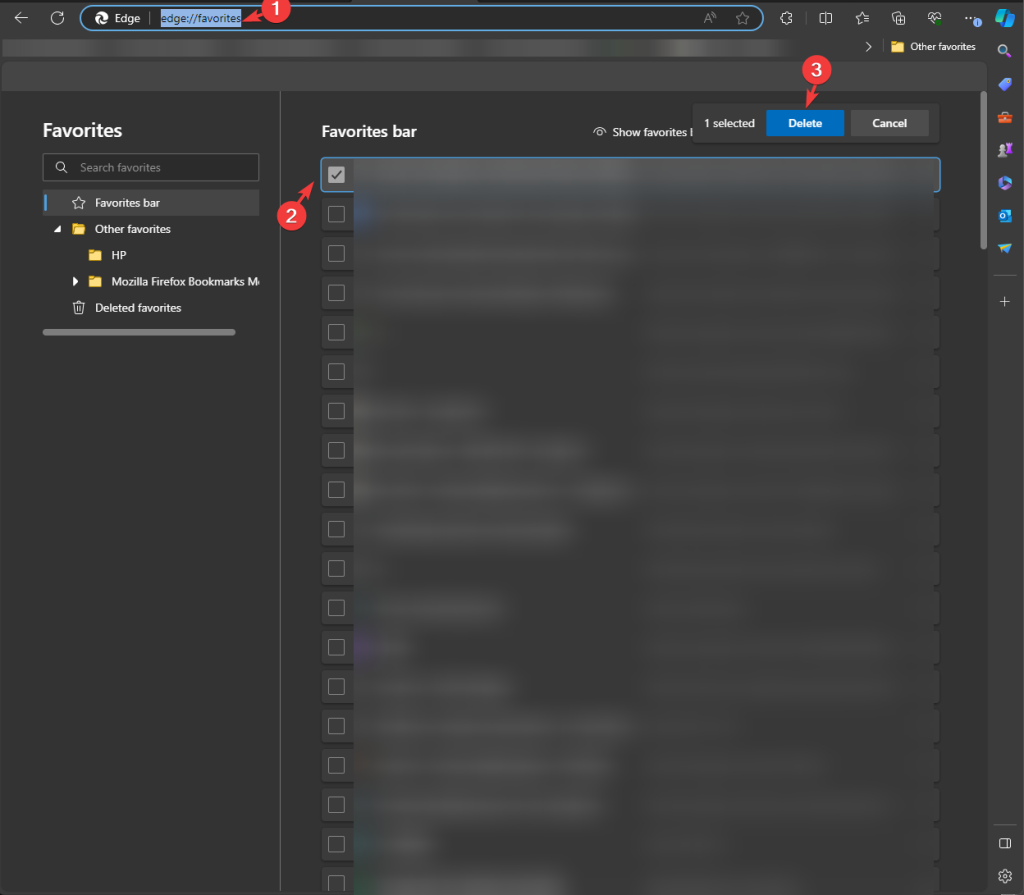 Удаление закладок в Edge