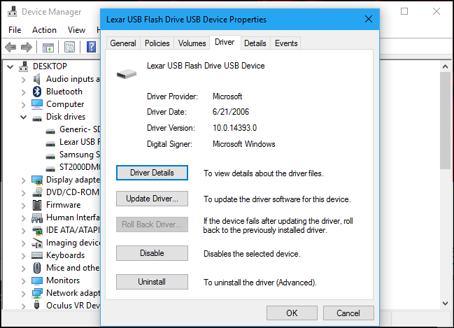 Окно свойств USB‑накопителя с вкладкой драйвера.