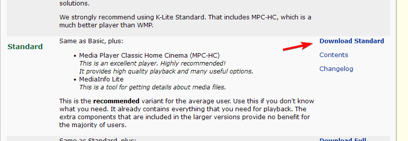 Кнопка Download Standard на странице K-Lite Codec Pack